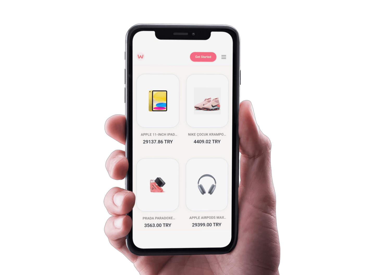 Wishlist App Interface showing products like iPad, Nike sneakers, and more